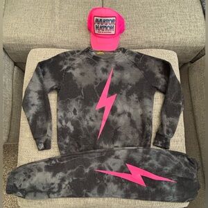 Aviator Nation⚡️Tie Dye Neon Pink Bolt Sweatshirt & Sweatpants Size Small & Hat